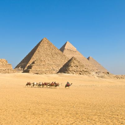 Pyramids and Camels at Giza, Cairo, Egypt